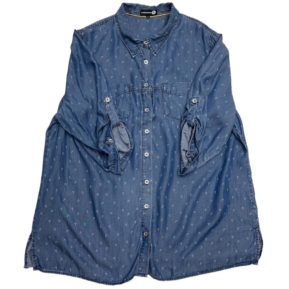 CLAIRE France blue lyocell denim 3/4 sleeves shirt size 18 US anchor pattern - Picture 8 of 12